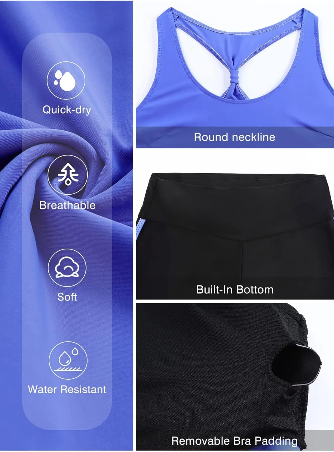 Aleumdr Womens Athletic 3 Piece Tankini Swimsuits with Shorts Swim Tank Tops with Sports Bra and Boyshorts Bathing Suits