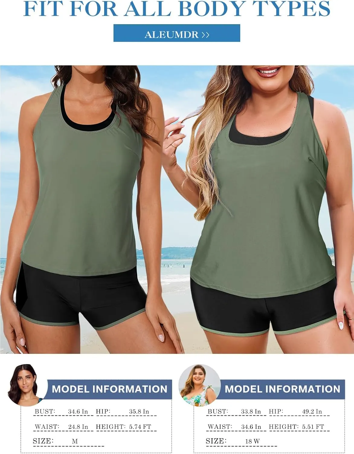 Aleumdr Womens Athletic 3 Piece Tankini Swimsuits with Shorts Swim Tank Tops with Sports Bra and Boyshorts Bathing Suits
