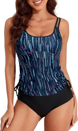 Aleumdr Womens Blouson Tankini Swimsuits Athletic Two Piece Strappy Tummy Control Bathing Suits with Bottoms