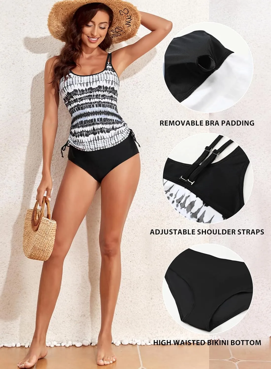 Aleumdr Womens Blouson Tankini Swimsuits Athletic Two Piece Strappy Tummy Control Bathing Suits with Bottoms