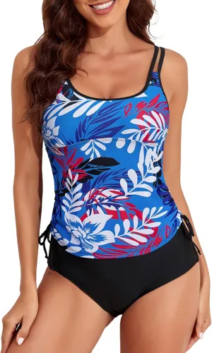 Aleumdr Womens Blouson Tankini Swimsuits Athletic Two Piece Strappy Tummy Control Bathing Suits with Bottoms