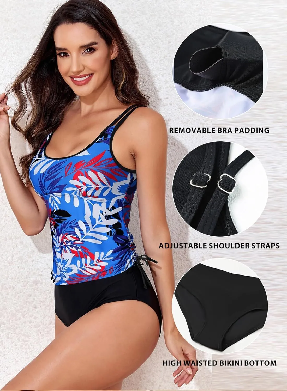 Aleumdr Womens Blouson Tankini Swimsuits Athletic Two Piece Strappy Tummy Control Bathing Suits with Bottoms