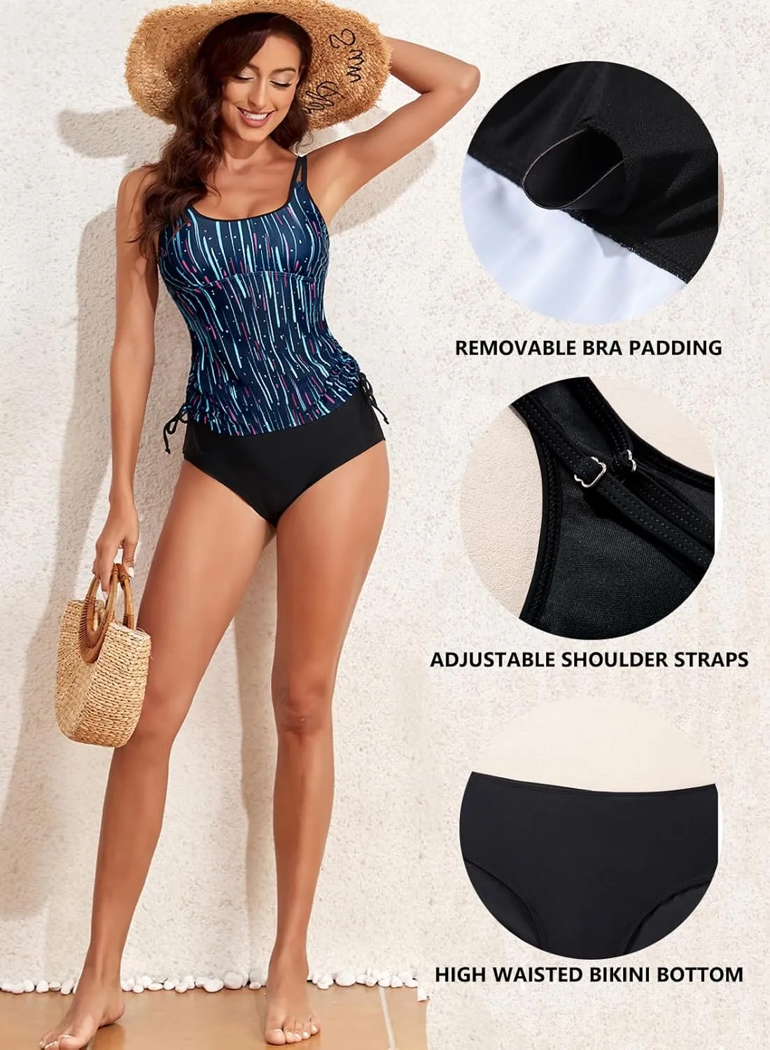 Aleumdr Womens Blouson Tankini Swimsuits Athletic Two Piece Strappy Tummy Control Bathing Suits with Bottoms