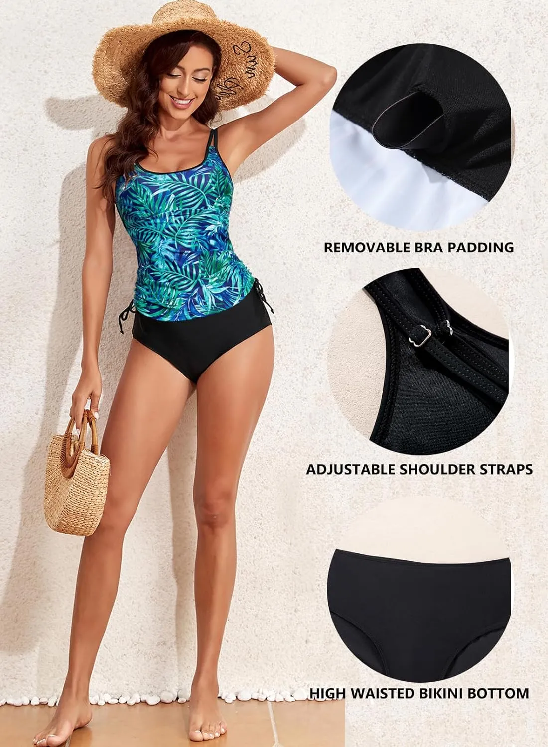 Aleumdr Womens Blouson Tankini Swimsuits Athletic Two Piece Strappy Tummy Control Bathing Suits with Bottoms