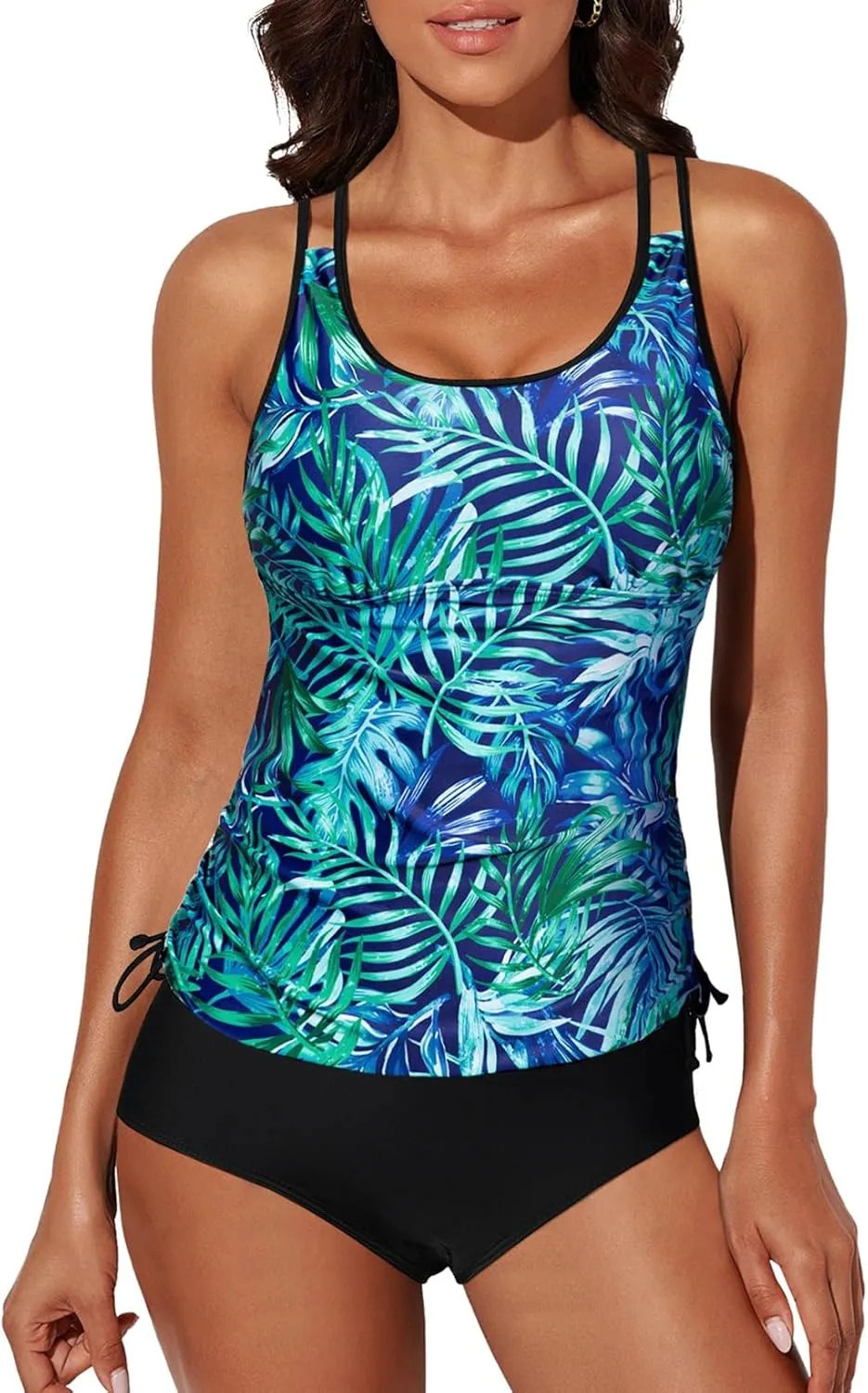 Aleumdr Womens Blouson Tankini Swimsuits Athletic Two Piece Strappy Tummy Control Bathing Suits with Bottoms