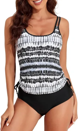 Aleumdr Womens Blouson Tankini Swimsuits Athletic Two Piece Strappy Tummy Control Bathing Suits with Bottoms