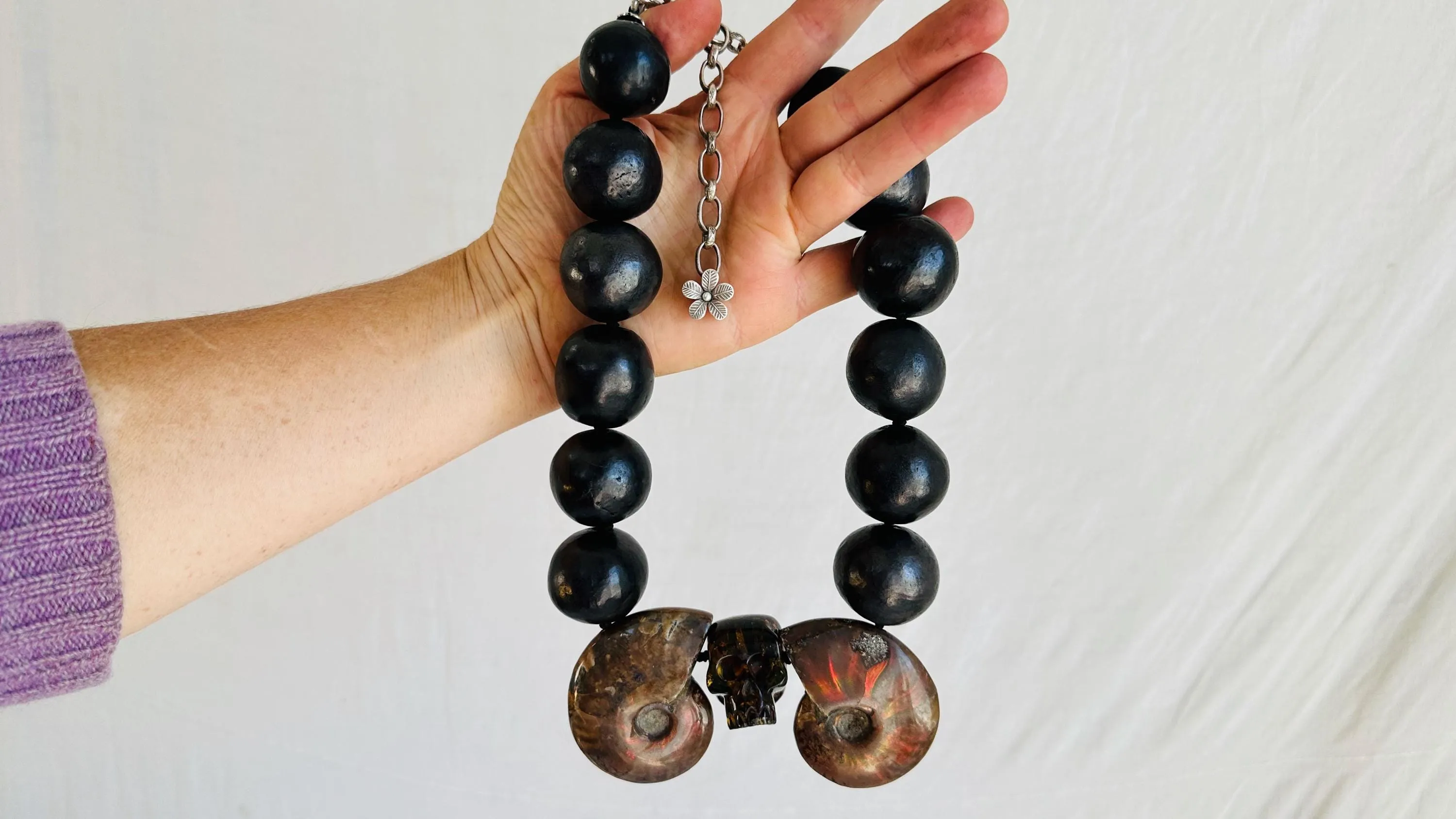 Ammonite, Amber Skull & Barro Negro Necklace. Oaxacan Black Clay. Sterling Silver. IN COMPLIANCE with Etsy Regulations. 2329