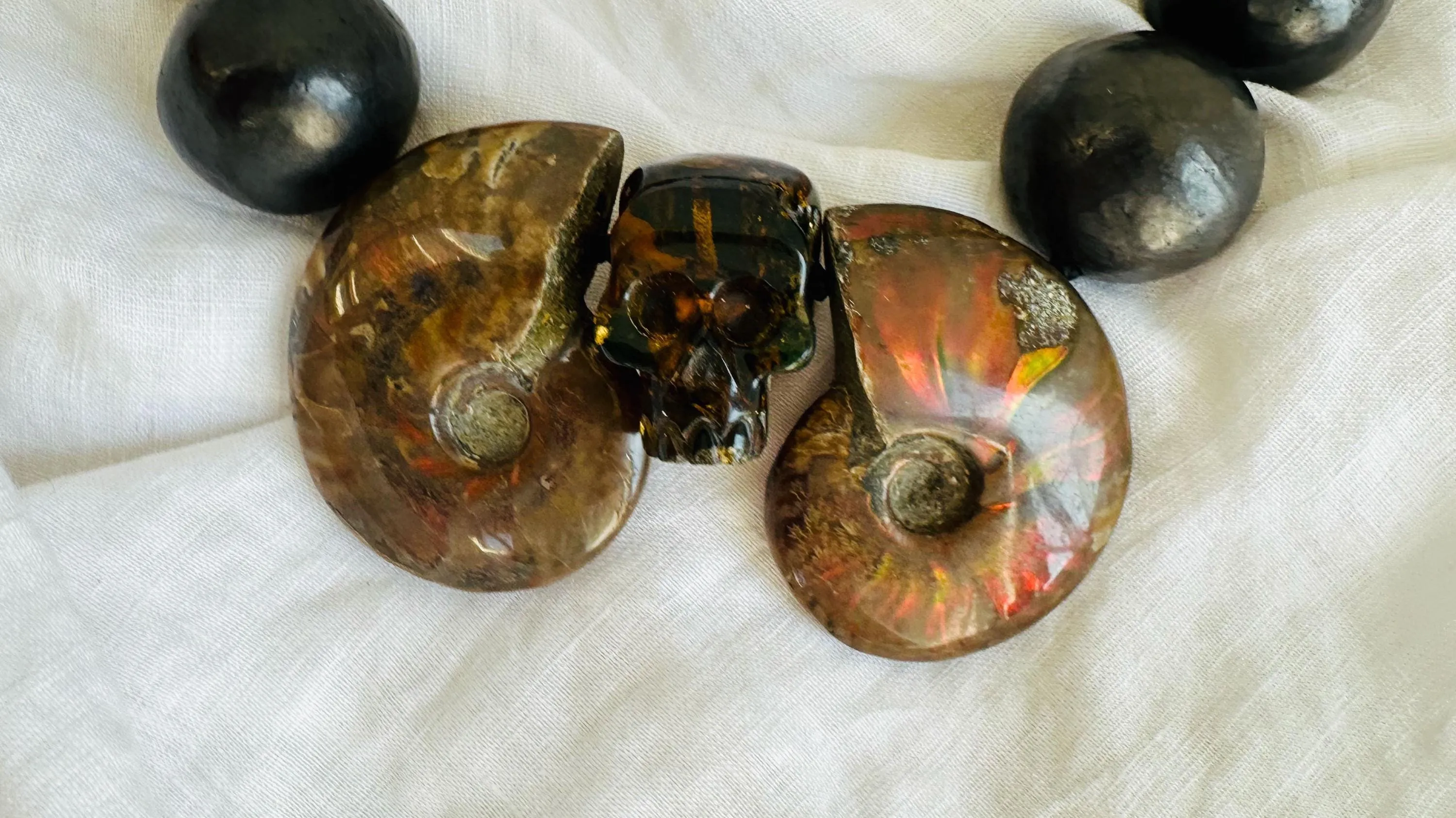 Ammonite, Amber Skull & Barro Negro Necklace. Oaxacan Black Clay. Sterling Silver. IN COMPLIANCE with Etsy Regulations. 2329