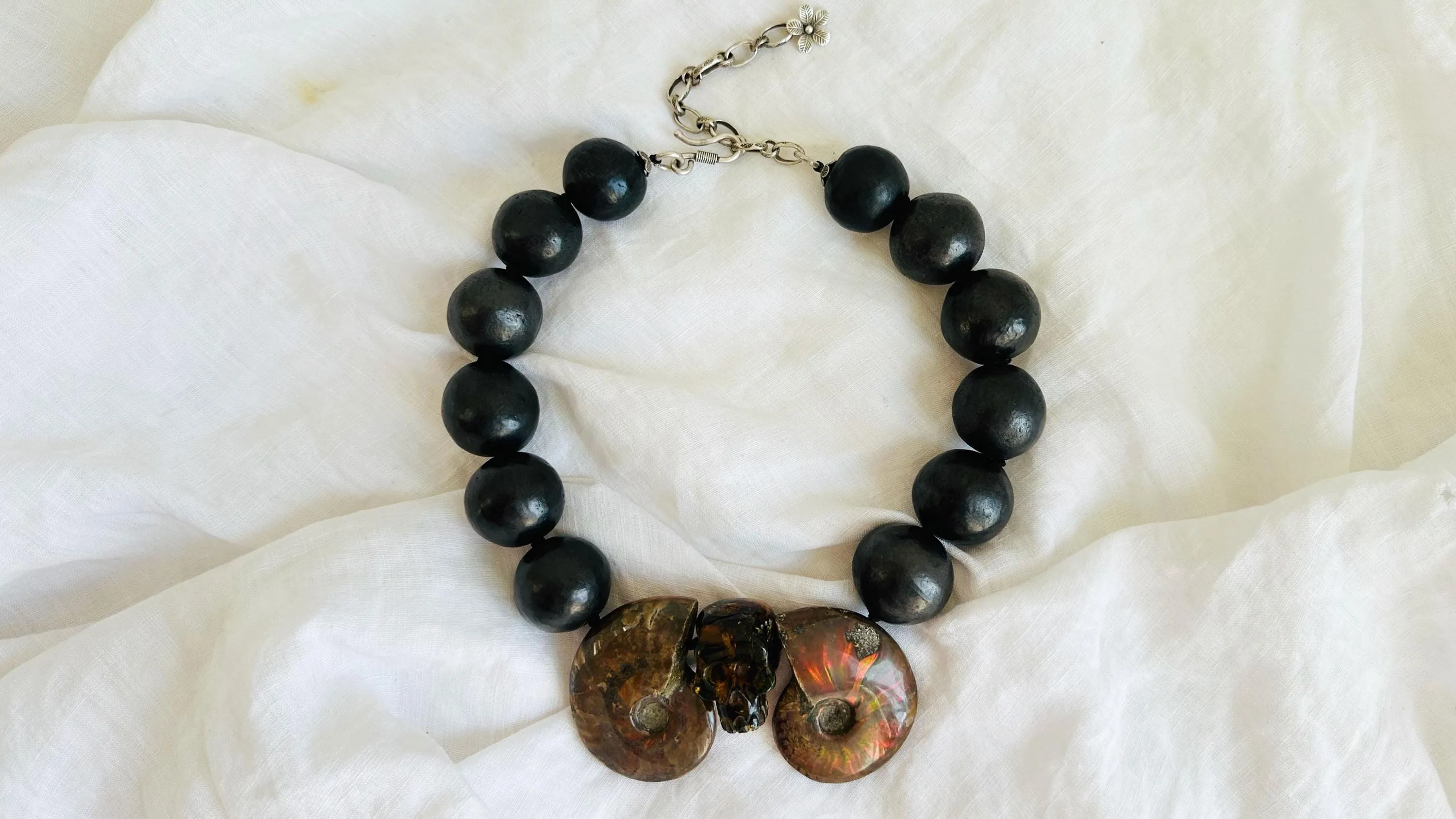 Ammonite, Amber Skull & Barro Negro Necklace. Oaxacan Black Clay. Sterling Silver. IN COMPLIANCE with Etsy Regulations. 2329
