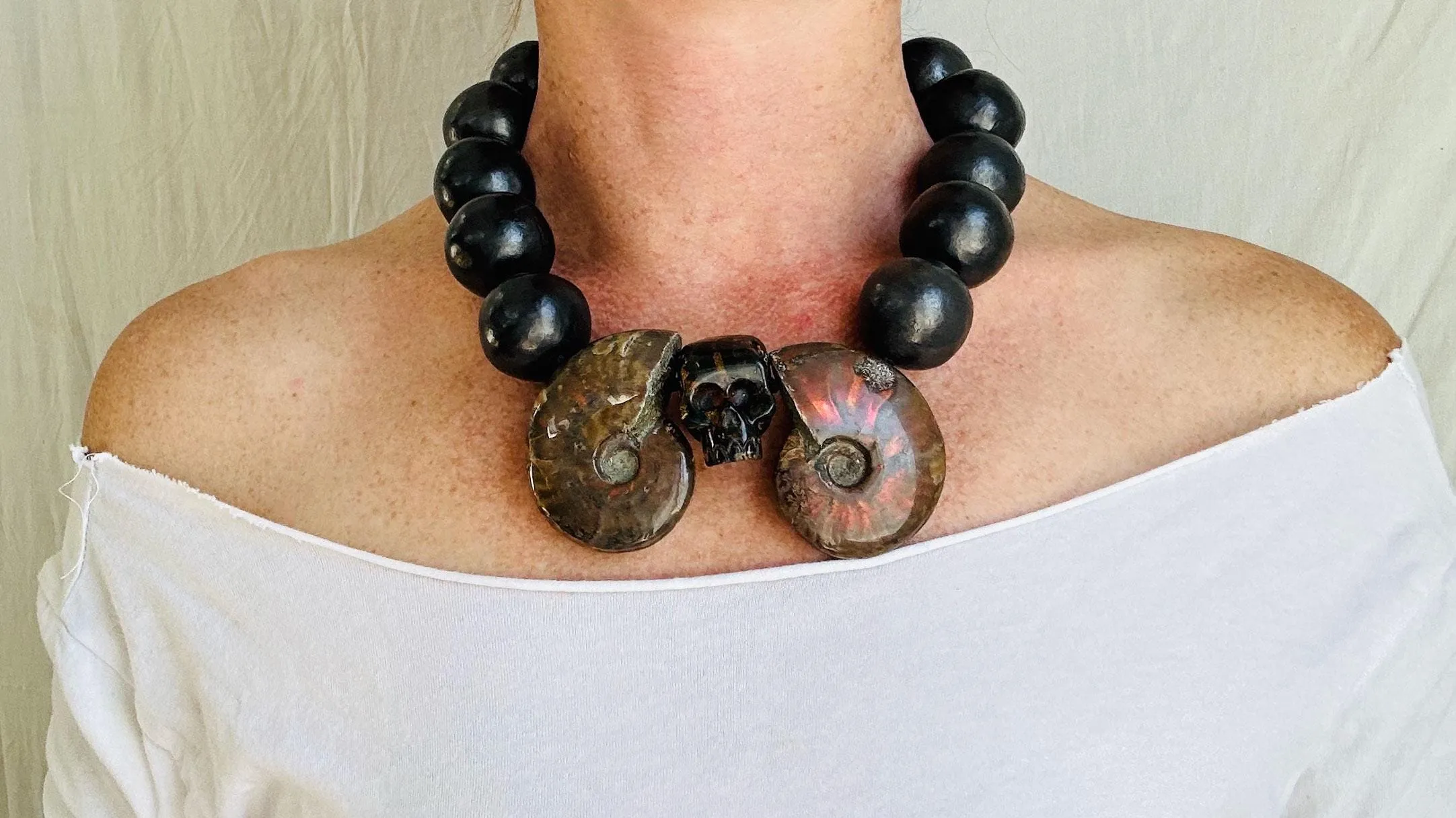 Ammonite, Amber Skull & Barro Negro Necklace. Oaxacan Black Clay. Sterling Silver. IN COMPLIANCE with Etsy Regulations. 2329