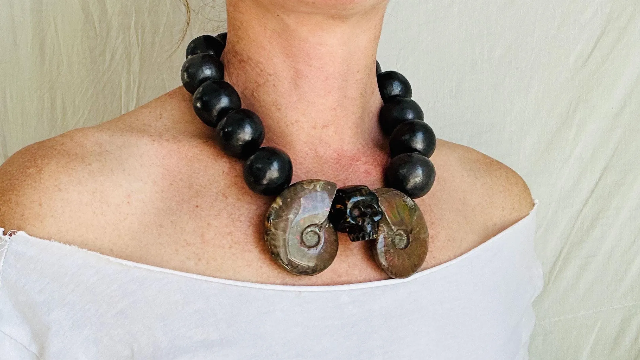 Ammonite, Amber Skull & Barro Negro Necklace. Oaxacan Black Clay. Sterling Silver. IN COMPLIANCE with Etsy Regulations. 2329