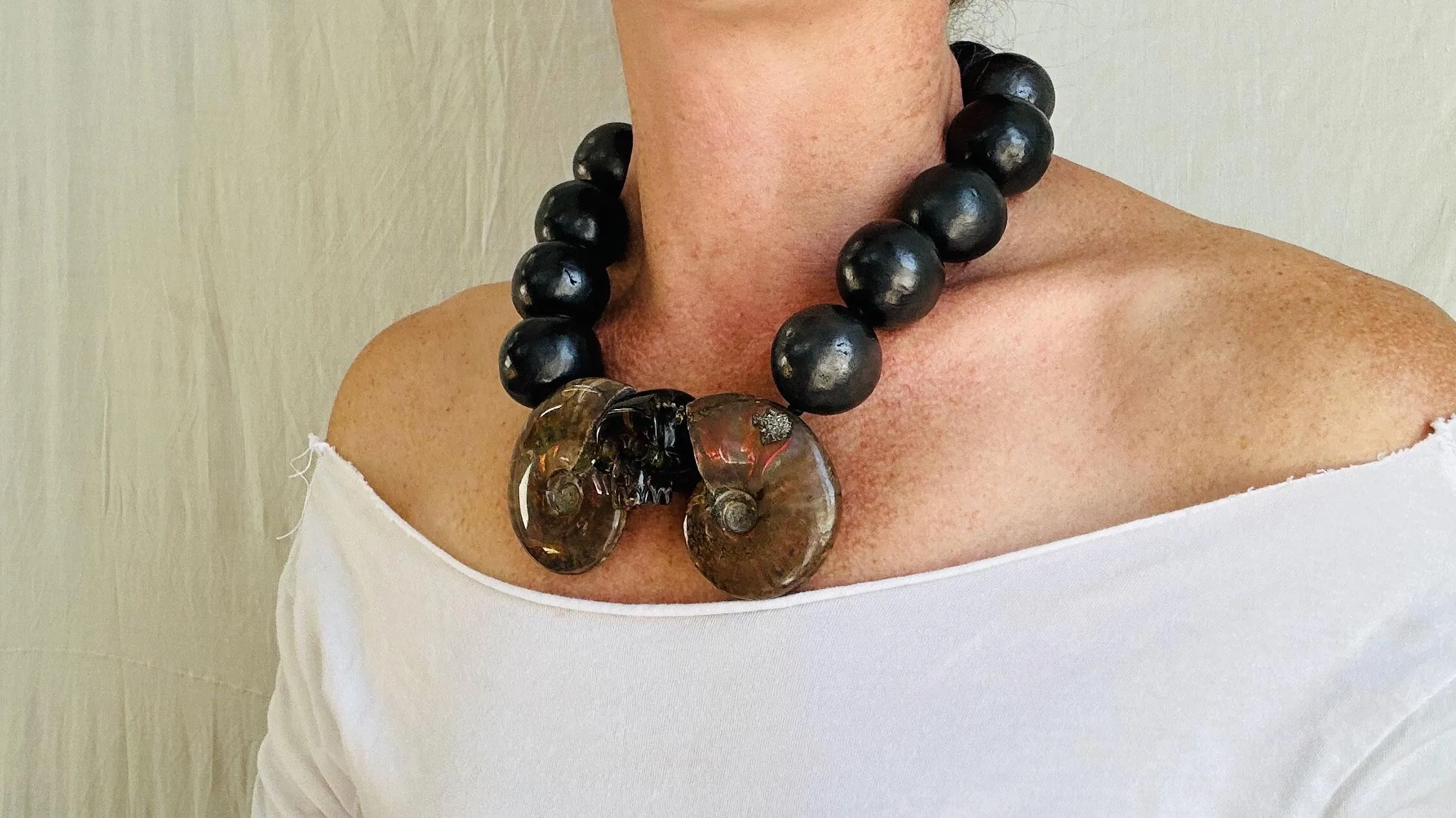Ammonite, Amber Skull & Barro Negro Necklace. Oaxacan Black Clay. Sterling Silver. IN COMPLIANCE with Etsy Regulations. 2329