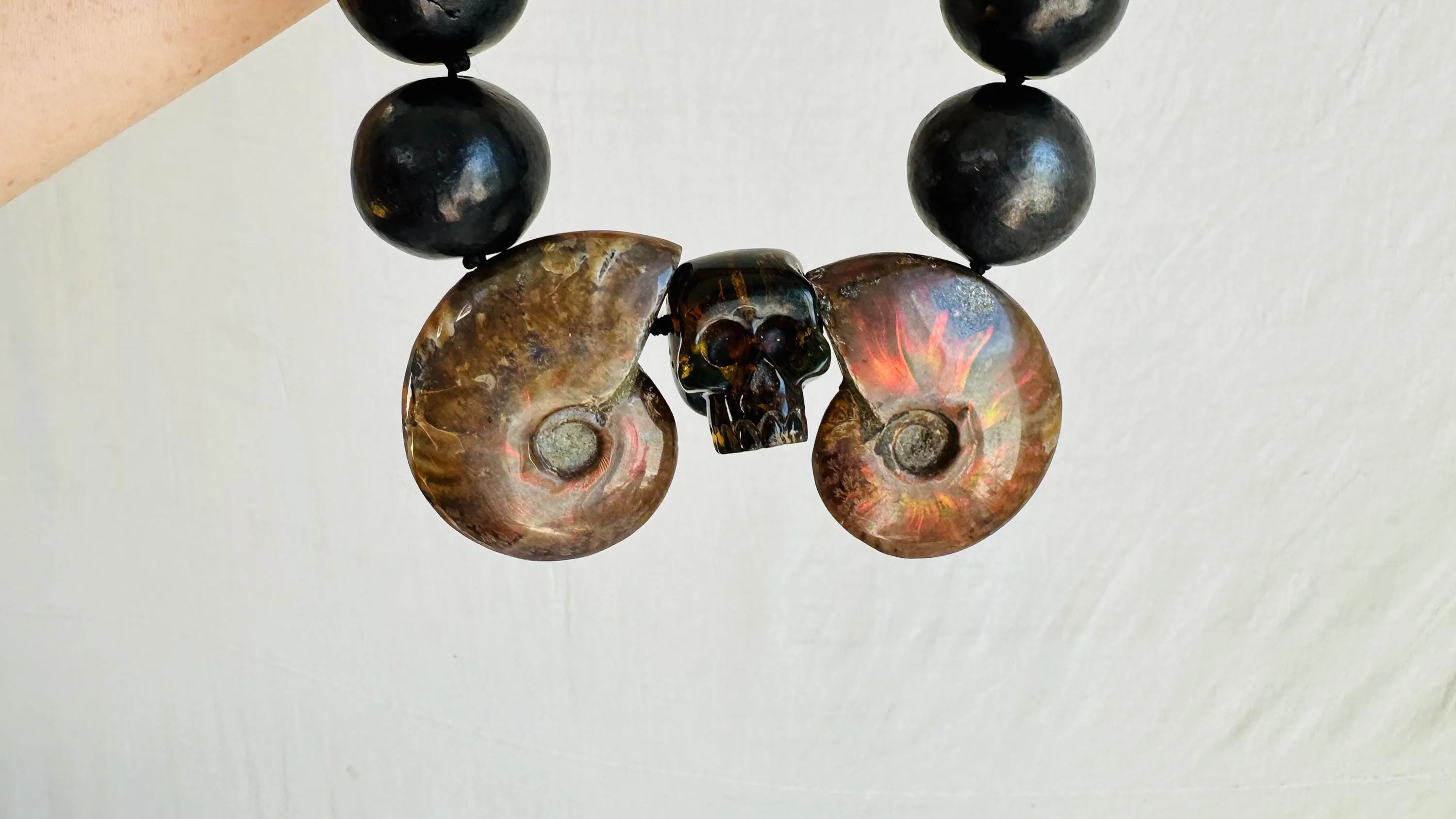 Ammonite, Amber Skull & Barro Negro Necklace. Oaxacan Black Clay. Sterling Silver. IN COMPLIANCE with Etsy Regulations. 2329