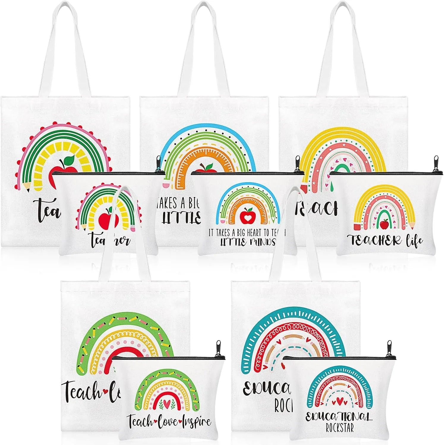 Amylove 10 Pcs Teacher Appreciation Gifts Teacher Canvas Tote Bag Teacher Gift Bags from with Makeup Bag for Women Supply Gifts