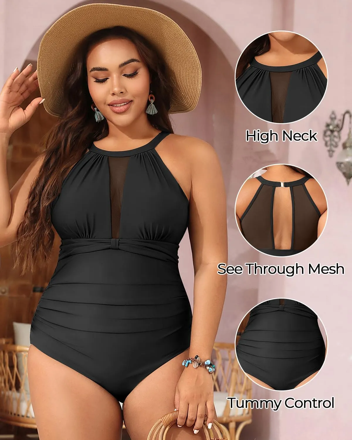 Aqua Eve Plus Size Swimsuit Women One Piece Swimsuit Tummy Control High Neck Bathing Suit Ruched Swimwear