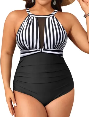 Aqua Eve Plus Size Swimsuit Women One Piece Swimsuit Tummy Control High Neck Bathing Suit Ruched Swimwear