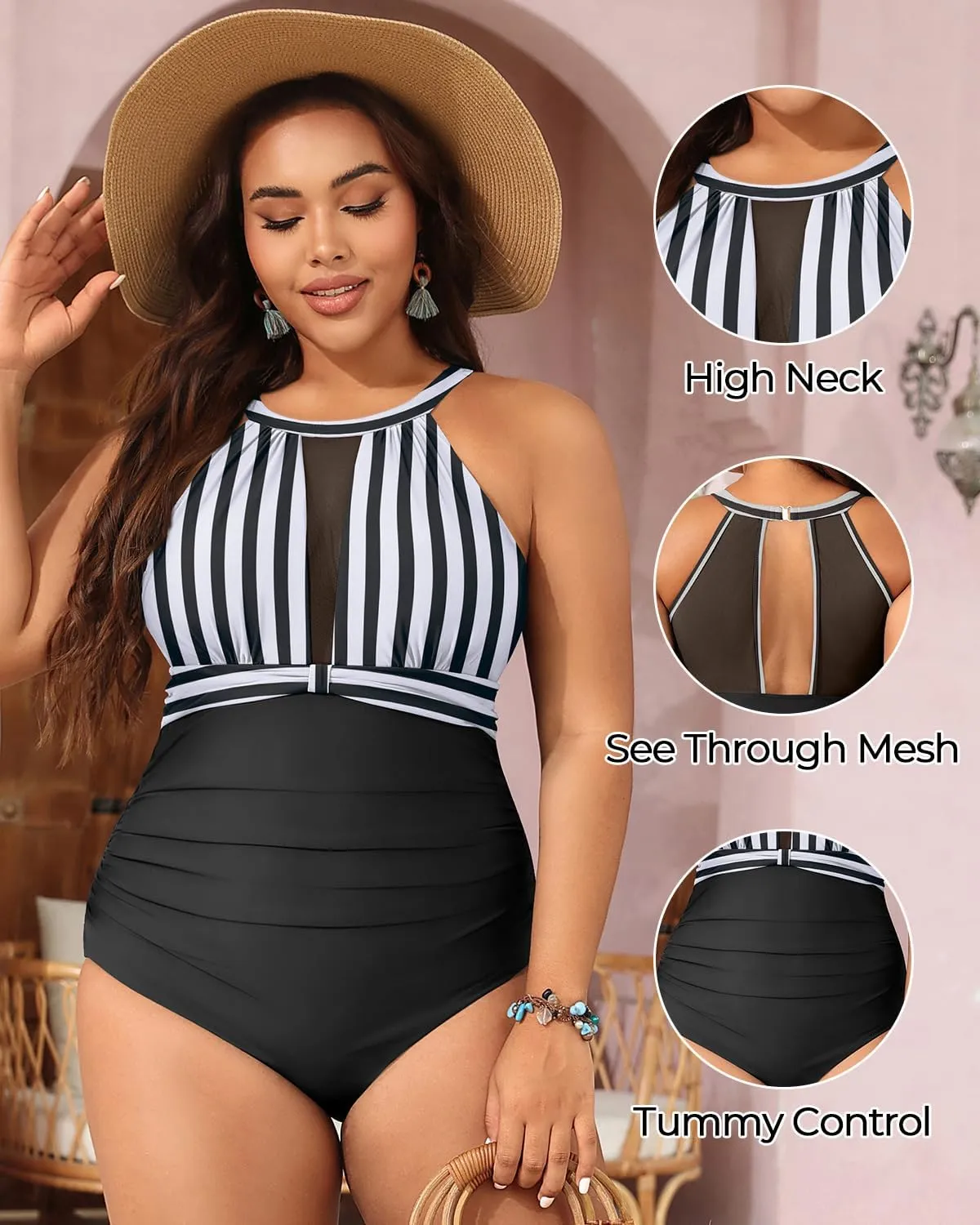 Aqua Eve Plus Size Swimsuit Women One Piece Swimsuit Tummy Control High Neck Bathing Suit Ruched Swimwear
