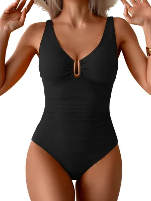 B2prity One Piece Swimsuit for Women Tummy Control Ruched Bathing Suit V Neck Push Up Swim Suit