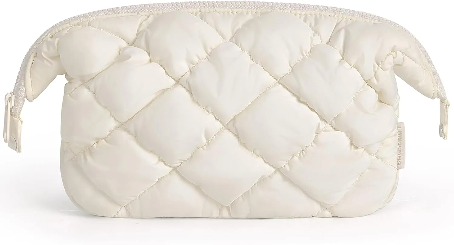 BAGSMART Quilted Travel Makeup Bag, Puffy Toiletry Organizer with Wide Opening, Cosmetic Storage for Women's Accessories, Beige