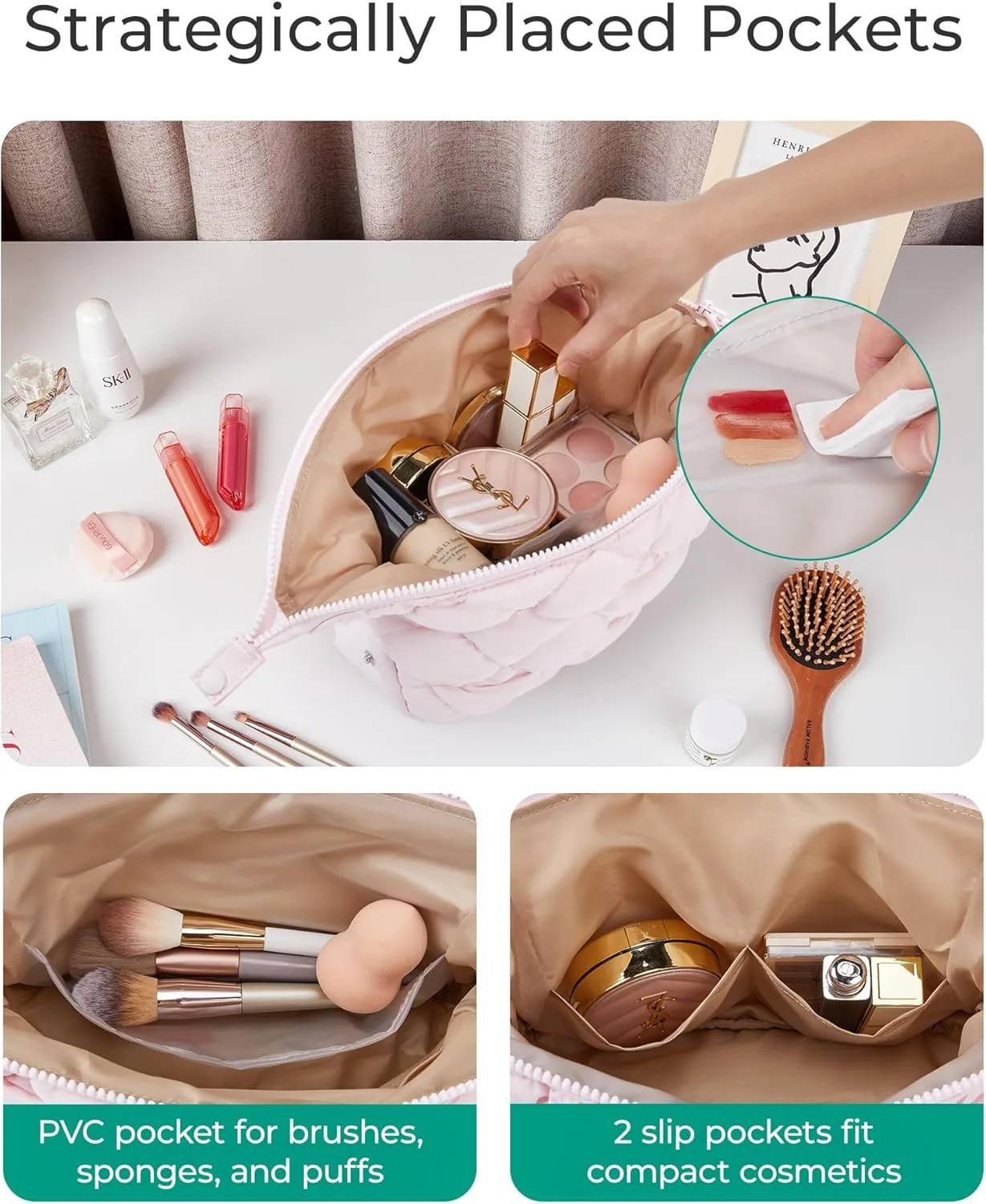 BAGSMART Quilted Travel Makeup Bag, Puffy Toiletry Organizer with Wide Opening, Cosmetic Storage for Women's Accessories, Beige