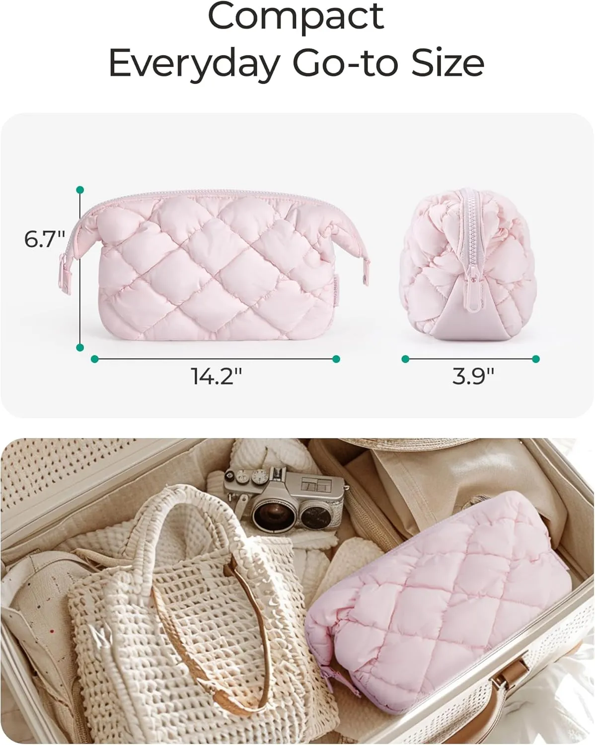 BAGSMART Quilted Travel Makeup Bag, Puffy Toiletry Organizer with Wide Opening, Cosmetic Storage for Women's Accessories, Beige