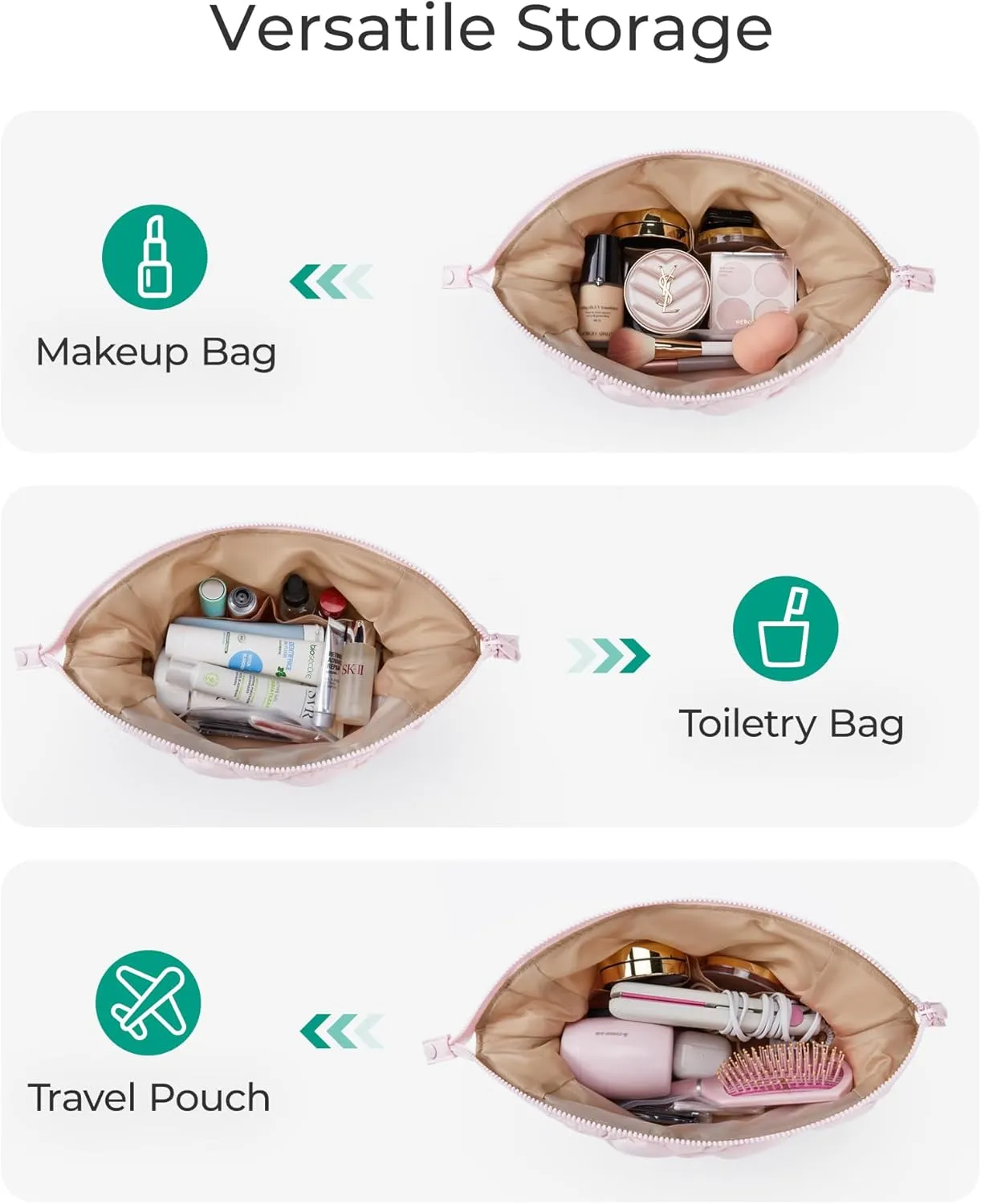 BAGSMART Quilted Travel Makeup Bag, Puffy Toiletry Organizer with Wide Opening, Cosmetic Storage for Women's Accessories, Beige