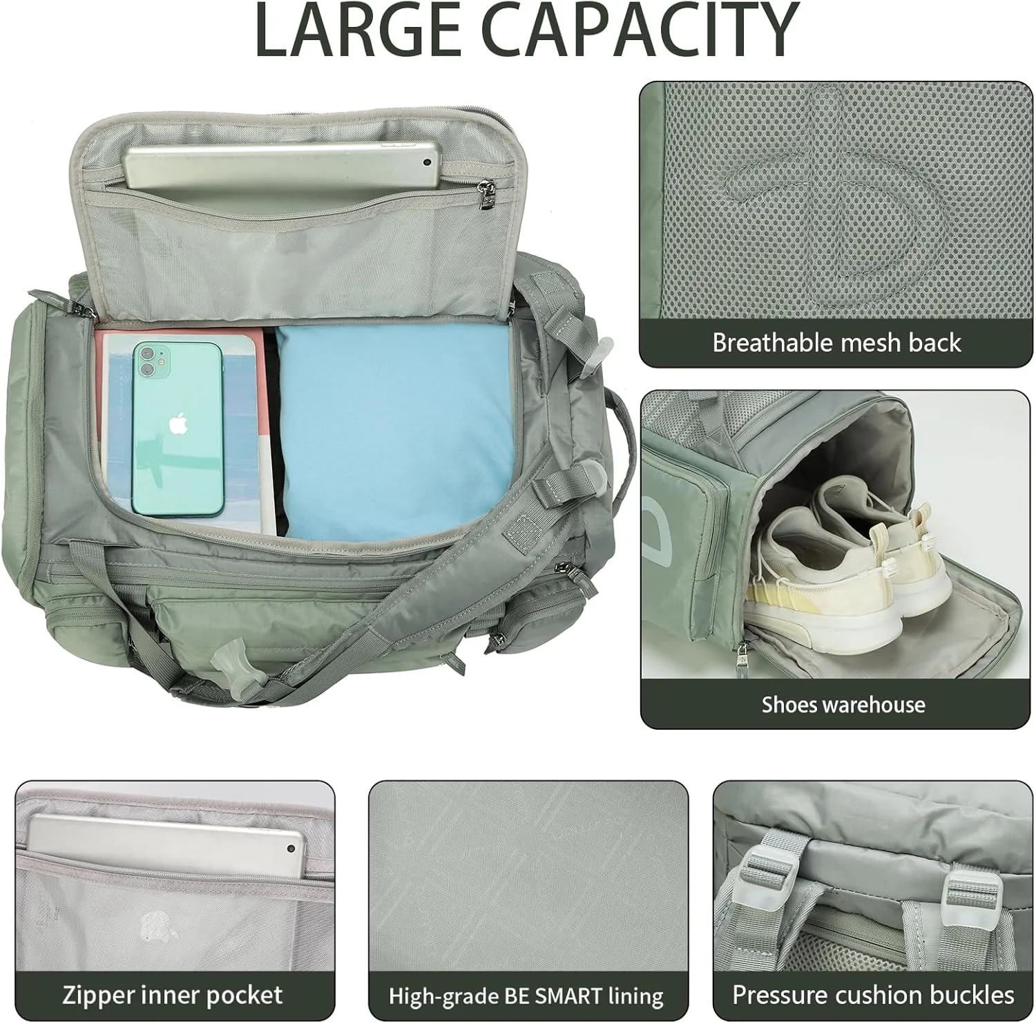 BE SMART 32L Extra Large Gym Backpack for Women, Big Gym Bag with Shoes Compartment, Waterproof Heavy Duty Duffel Bags, Women's Workout Backpacks for Outdoor Sport,Hiking,Camping,Travel