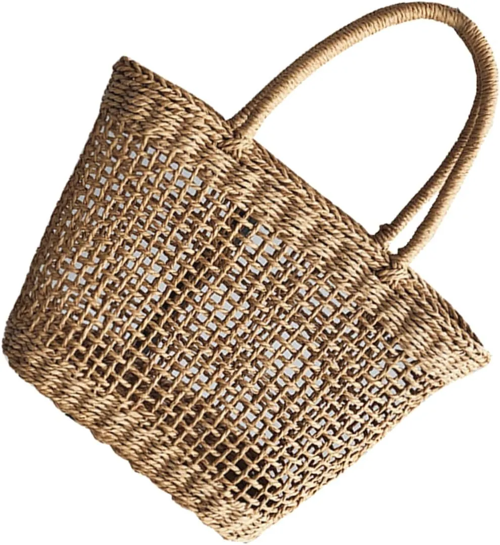 Beach Bag Mesh Straw Handbag Lightweight Foldable Woven Bag Perfect for Girls Vacation Shopping Travel (black)