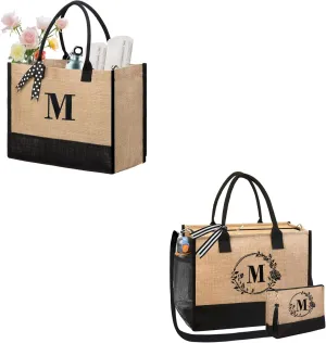 BeeGreen Beach Bag for Women Personalized Birthday Gifts for Friends Mother Bride,Jute Tote Bag with Zipper Closure Embroidery Large Teacher Tote Bag with Inner& Side Pouch M