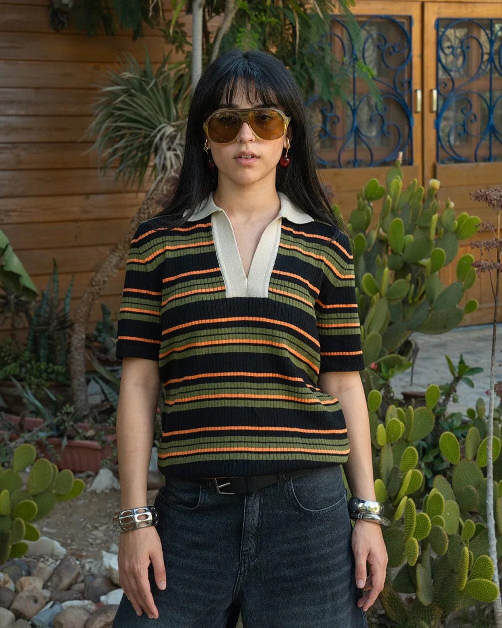 Black & Green Oversized Striped Polo