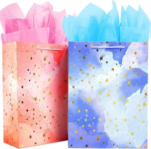 BLESZSING Gift Bag Birthday Large Gift Bags Set Included 2 Pack Paper Gift Bags with Tissue Paper Colorful Pink Blue Gift Bags 125 Large Size Blue Pink and Star Large (Pack of 2)