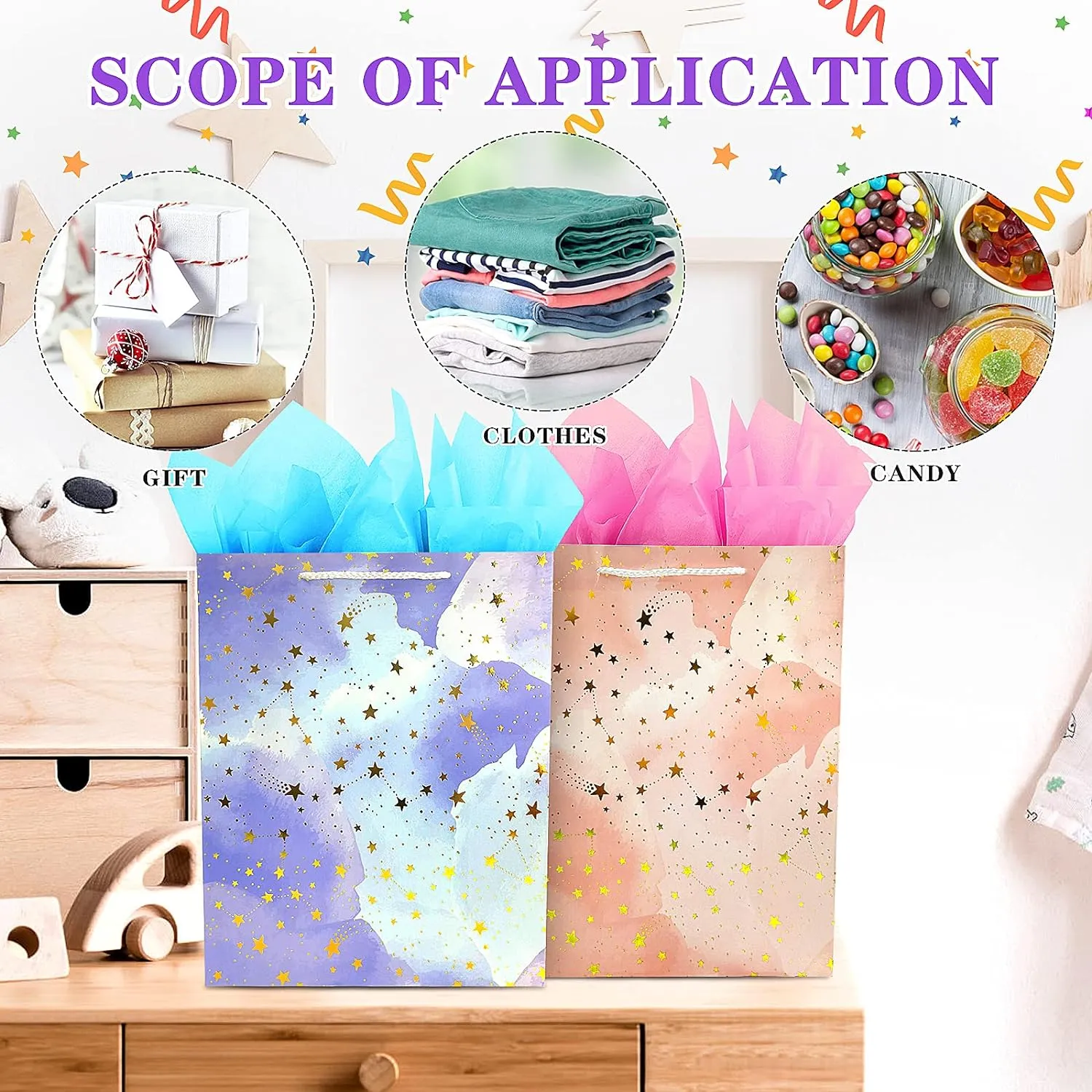 BLESZSING Gift Bag Birthday Large Gift Bags Set Included 2 Pack Paper Gift Bags with Tissue Paper Colorful Pink Blue Gift Bags 125 Large Size Blue Pink and Star Large (Pack of 2)