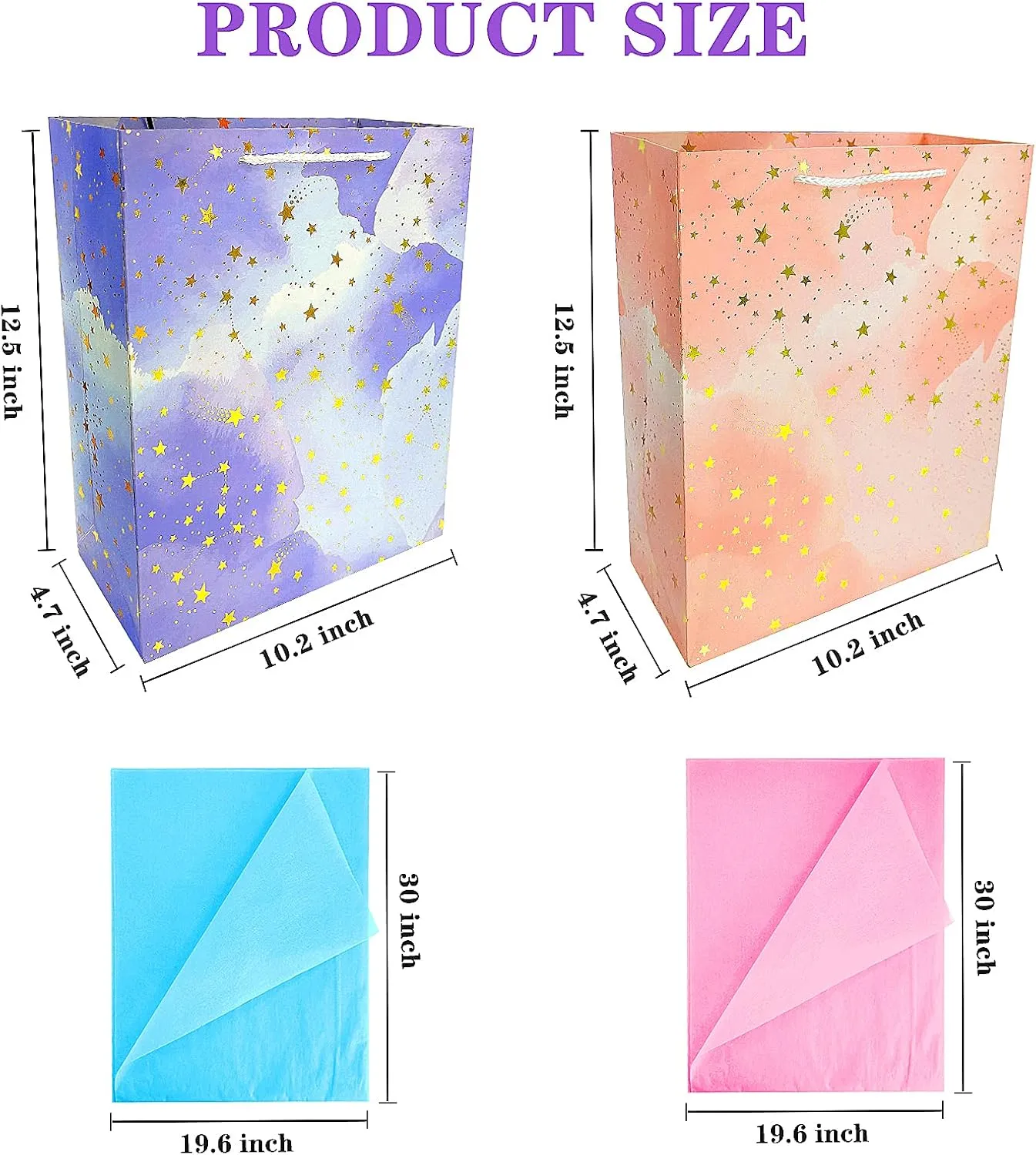 BLESZSING Gift Bag Birthday Large Gift Bags Set Included 2 Pack Paper Gift Bags with Tissue Paper Colorful Pink Blue Gift Bags 125 Large Size Blue Pink and Star Large (Pack of 2)