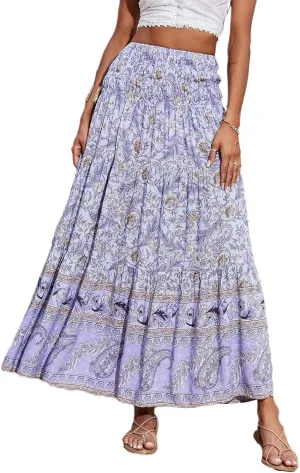Boho Maxi Skirts for Women 2025 Floral Pleated High Waisted Long Flowy Skirt Elastic A Line Beach Vacation Summer Skirts