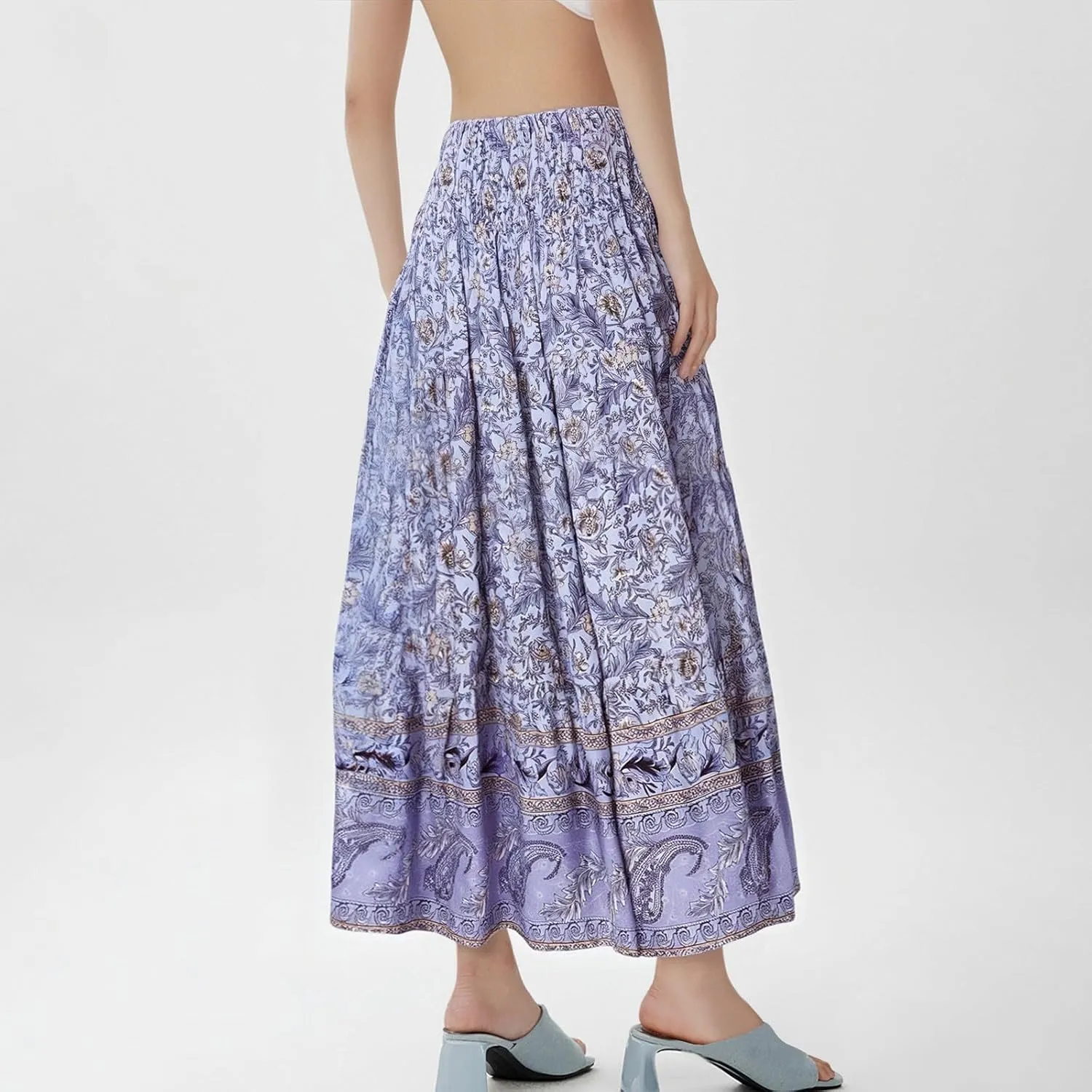 Boho Maxi Skirts for Women 2025 Floral Pleated High Waisted Long Flowy Skirt Elastic A Line Beach Vacation Summer Skirts