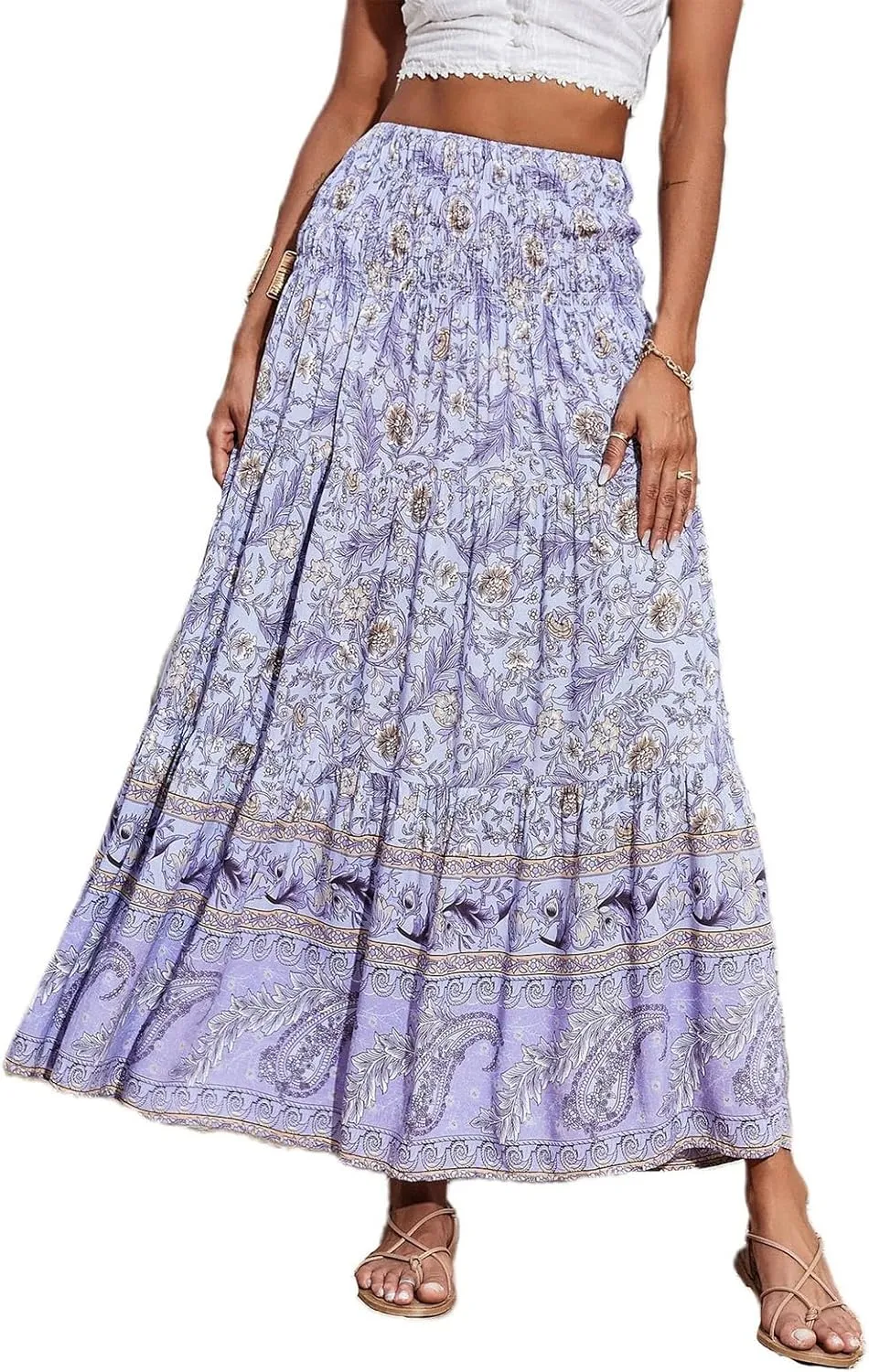 Boho Maxi Skirts for Women 2025 Floral Pleated High Waisted Long Flowy Skirt Elastic A Line Beach Vacation Summer Skirts