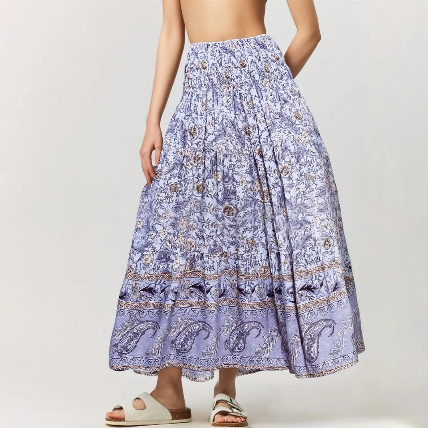Boho Maxi Skirts for Women 2025 Floral Pleated High Waisted Long Flowy Skirt Elastic A Line Beach Vacation Summer Skirts