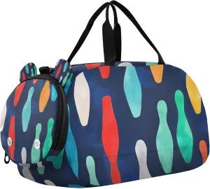 Bowling Pins Colorful Duffle Bag for Kids Girls Boys, Sports Gym Bag with Shoe Compartments, Kids Travel Overnight Weekender Shoulder Bag