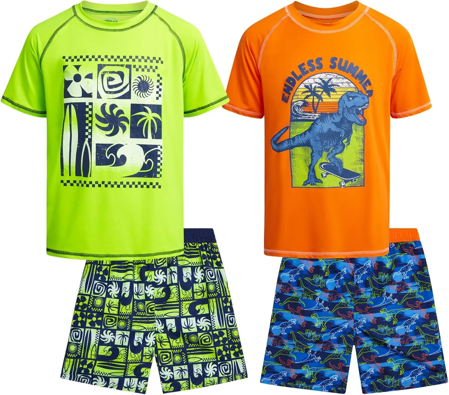 Boys Rash Guard Swimsuit Set  4-Piece Kids Short Sleeve Bathing Suit Swimwear Sets (Sizes: 5-12)