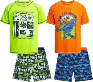 Boys Rash Guard Swimsuit Set  4-Piece Kids Short Sleeve Bathing Suit Swimwear Sets (Sizes: 5-12)