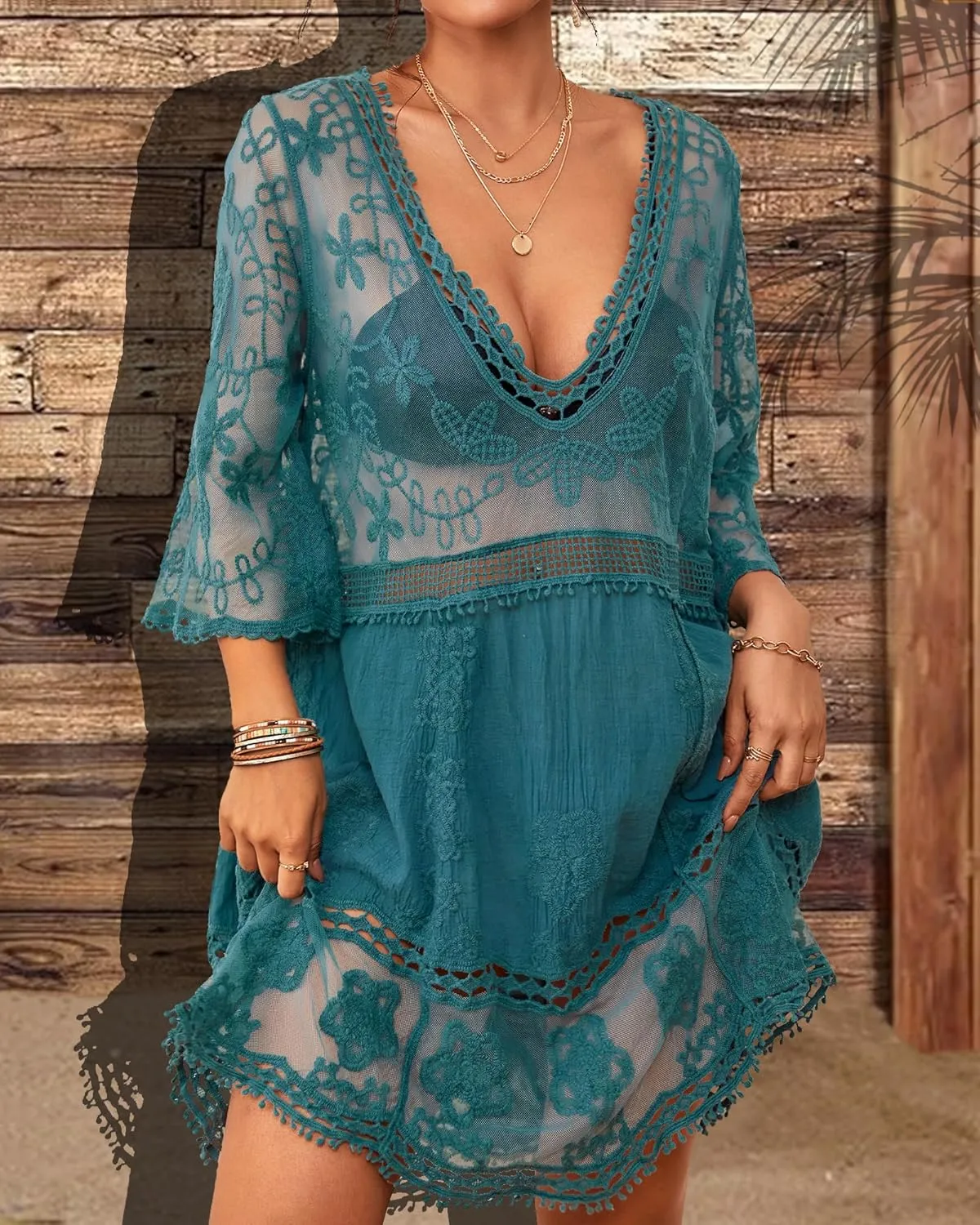 Bsubseach Women Lace Swimsuit Cover Up Bathing Suit Coverups V-Neck Swimwear Beach Vacation Dress