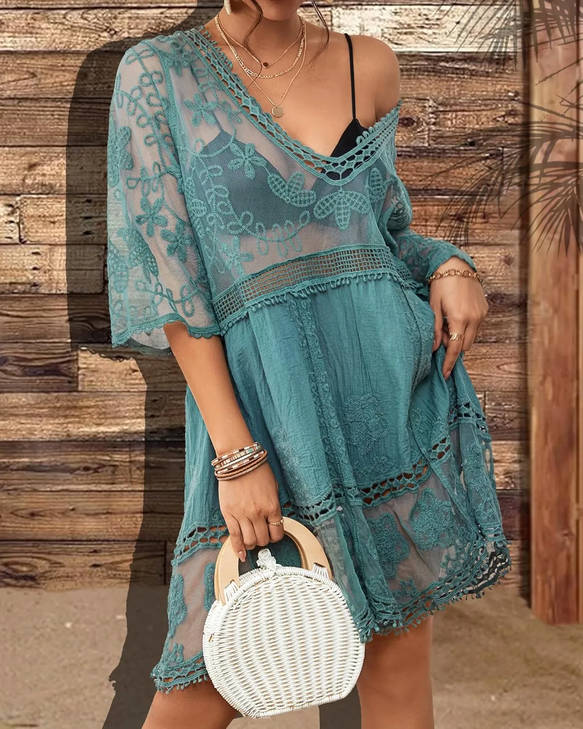 Bsubseach Women Lace Swimsuit Cover Up Bathing Suit Coverups V-Neck Swimwear Beach Vacation Dress