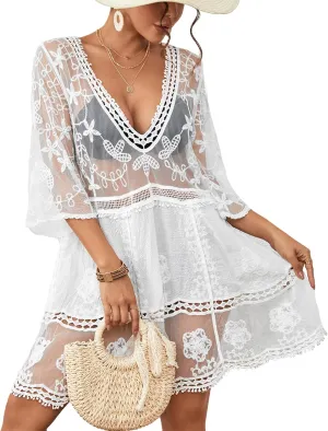 Bsubseach Women Lace Swimsuit Cover Up Bathing Suit Coverups V-Neck Swimwear Beach Vacation Dress