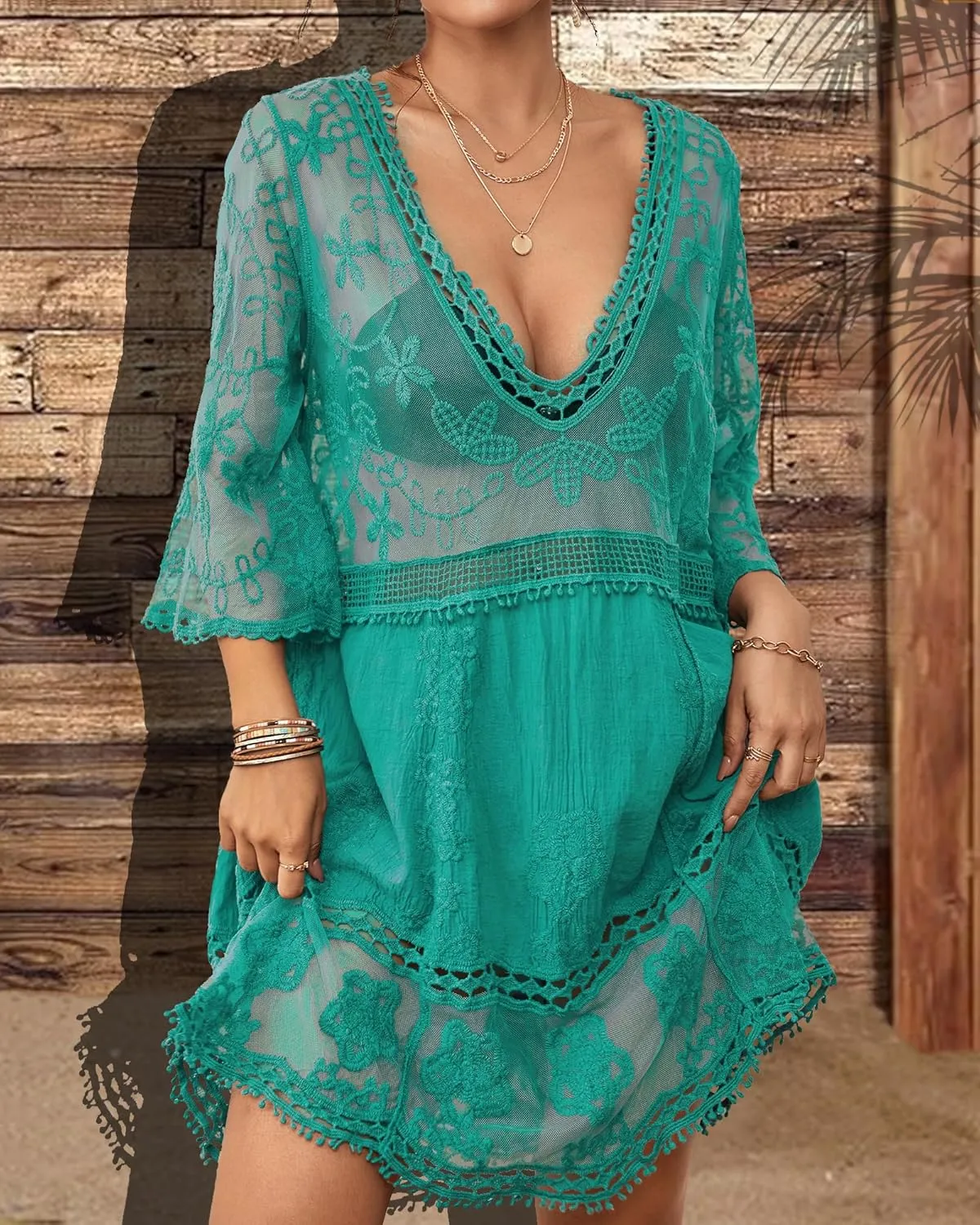 Bsubseach Women Lace Swimsuit Cover Up Bathing Suit Coverups V-Neck Swimwear Beach Vacation Dress