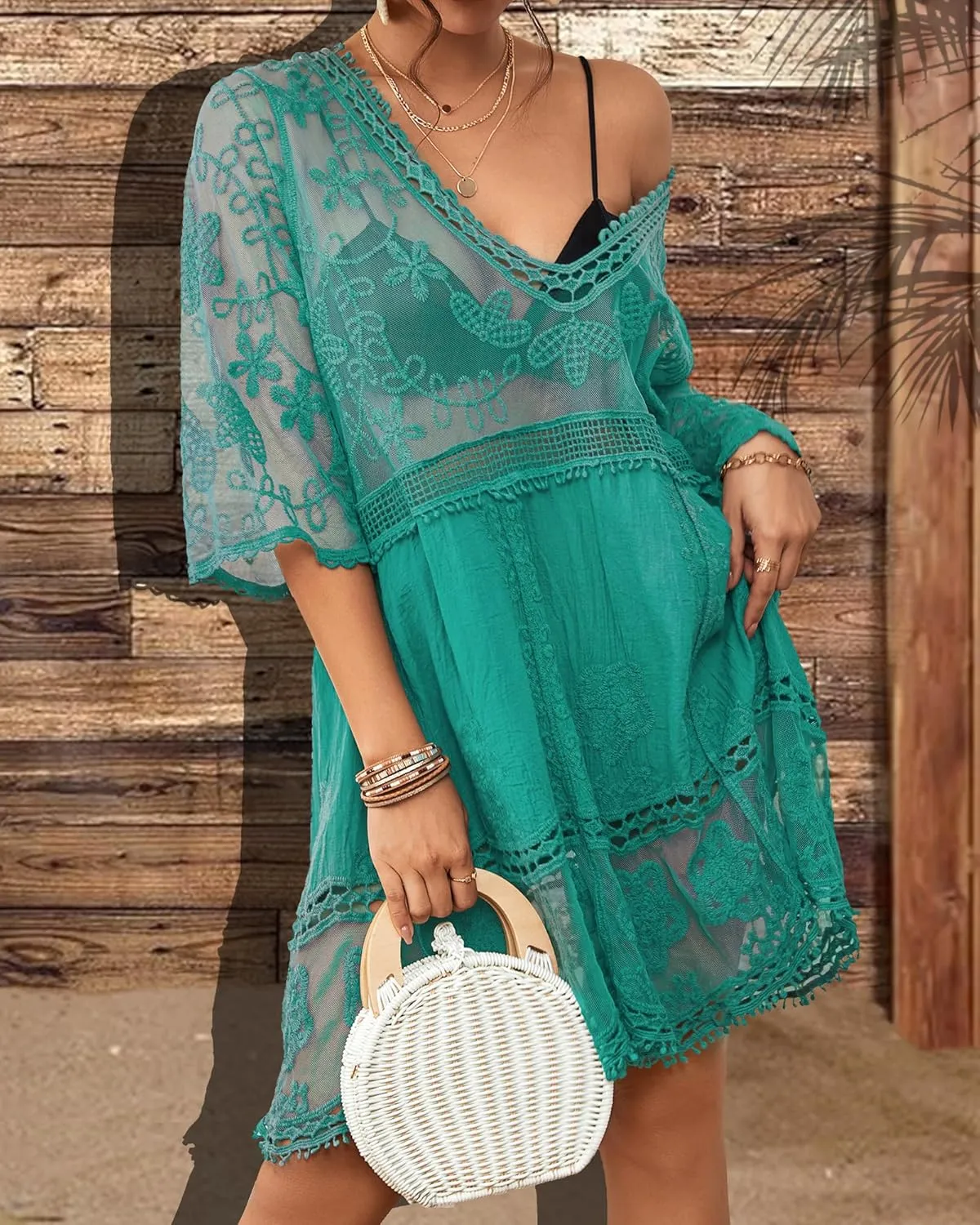Bsubseach Women Lace Swimsuit Cover Up Bathing Suit Coverups V-Neck Swimwear Beach Vacation Dress