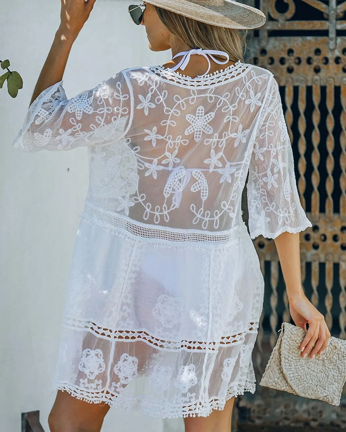 Bsubseach Women Lace Swimsuit Cover Up Bathing Suit Coverups V-Neck Swimwear Beach Vacation Dress
