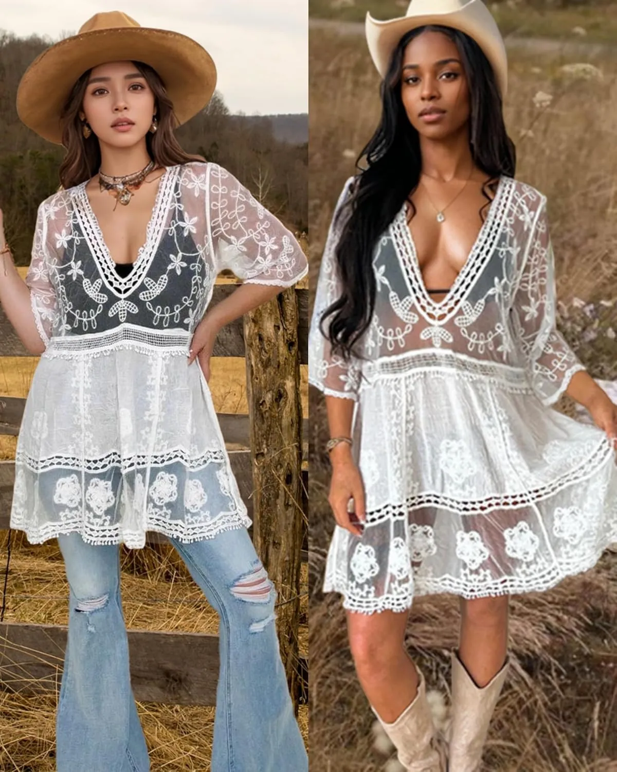 Bsubseach Women Lace Swimsuit Cover Up Bathing Suit Coverups V-Neck Swimwear Beach Vacation Dress