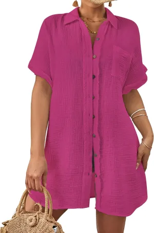 Bsubseach Women Swimsuit Coverup Button Down Bathing Suit Cover Ups for Swimwear Short Sleeve Bikini Beach Shirt