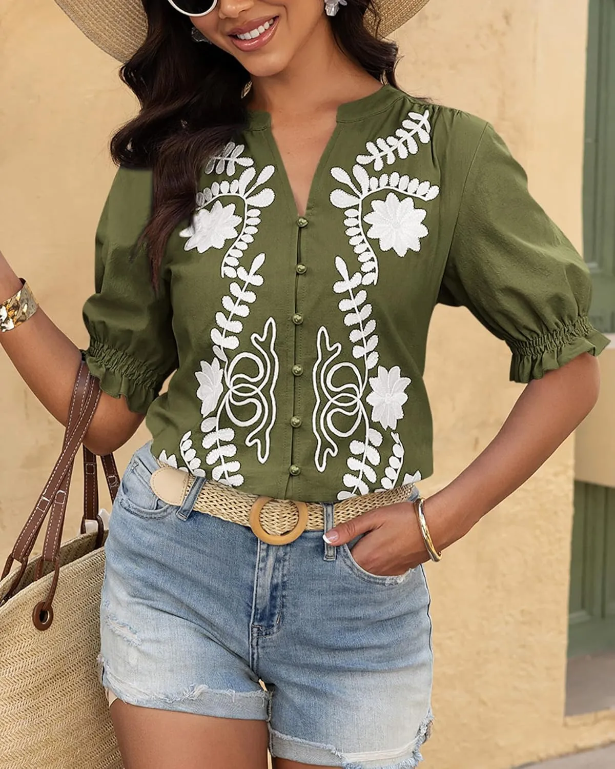 BTFBM Women's 2025 Summer Tops Casual Floral Boho V Neck Puff Short Sleeve Button Down Shirts Embroidered Blouses Tunic