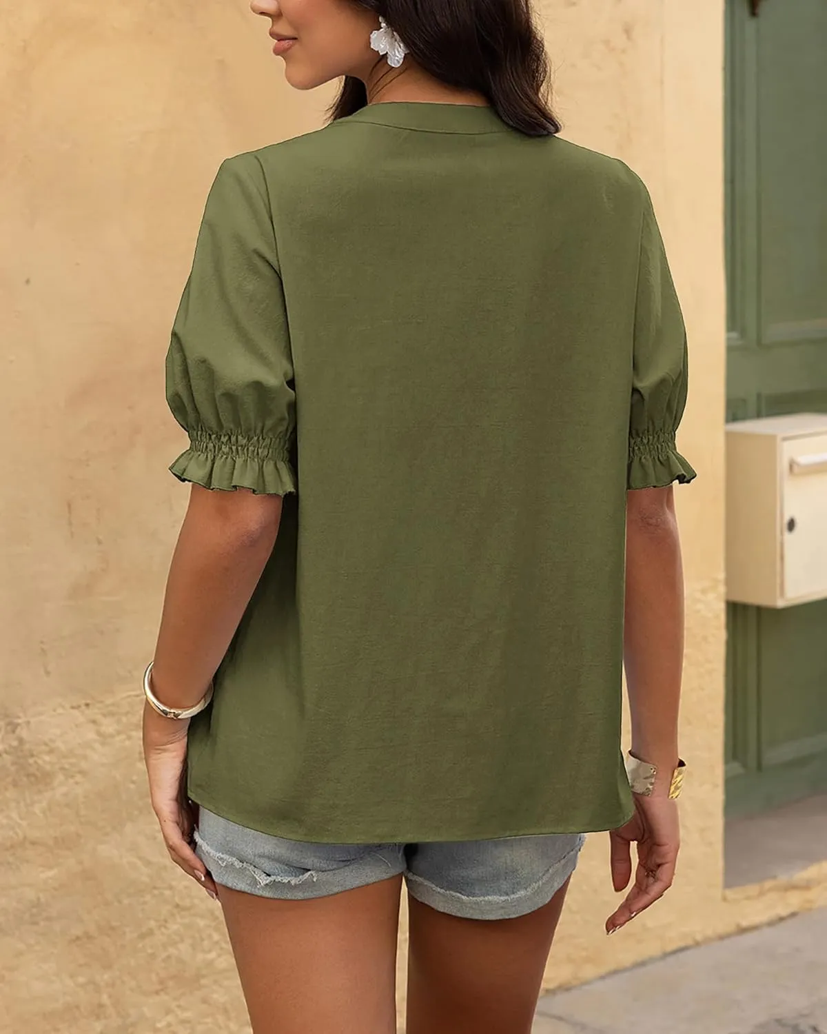 BTFBM Women's 2025 Summer Tops Casual Floral Boho V Neck Puff Short Sleeve Button Down Shirts Embroidered Blouses Tunic